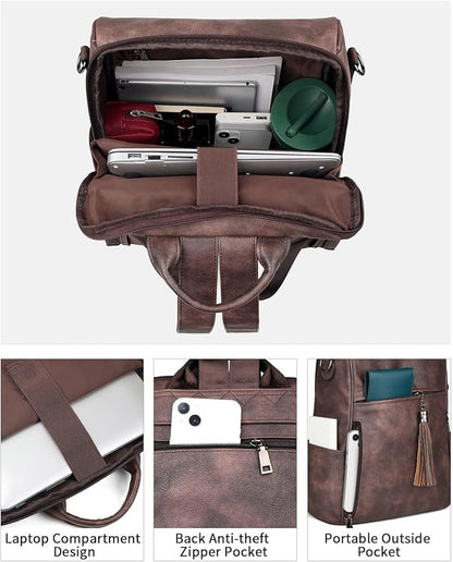 FADEON Leather Laptop Backpack for Women Designer 15.6 inch PU Laptop Bag, Ladies Travel Computer Work Backpack Coffee Brown