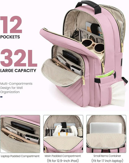 LOVEVOOK Laptop Backpack for Women, Travel Computer Work Bags with 17-inch Laptop Compartment, College School Student Bag Teen Backpacks For Girls, Outdoor Carry On Backpack Purse, Light Pink