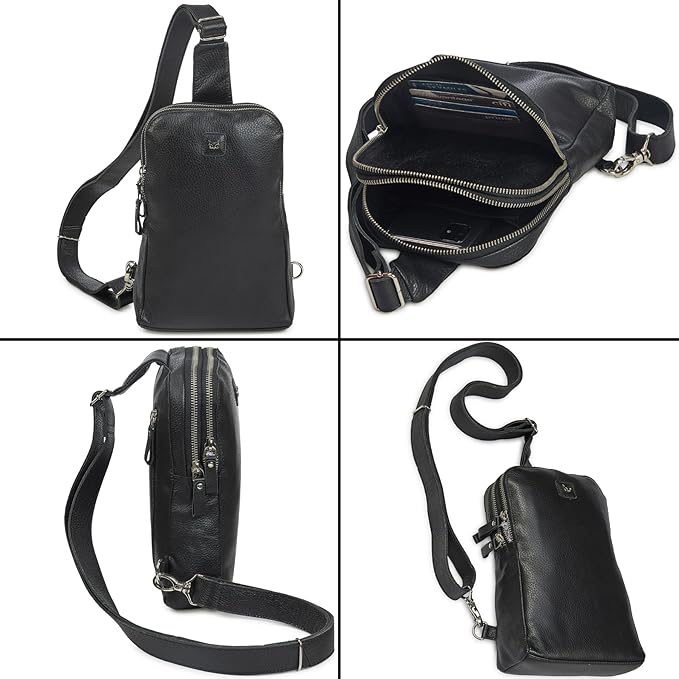 Leather Sling Bag for Women Genuine Crossbody Purse Small Trendy Cross Over Chest with Phone and Credit Card Slots (Black Nappa)