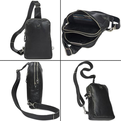 Leather Sling Bag for Women Genuine Crossbody Purse Small Trendy Cross Over Chest with Phone and Credit Card Slots (Black Nappa)