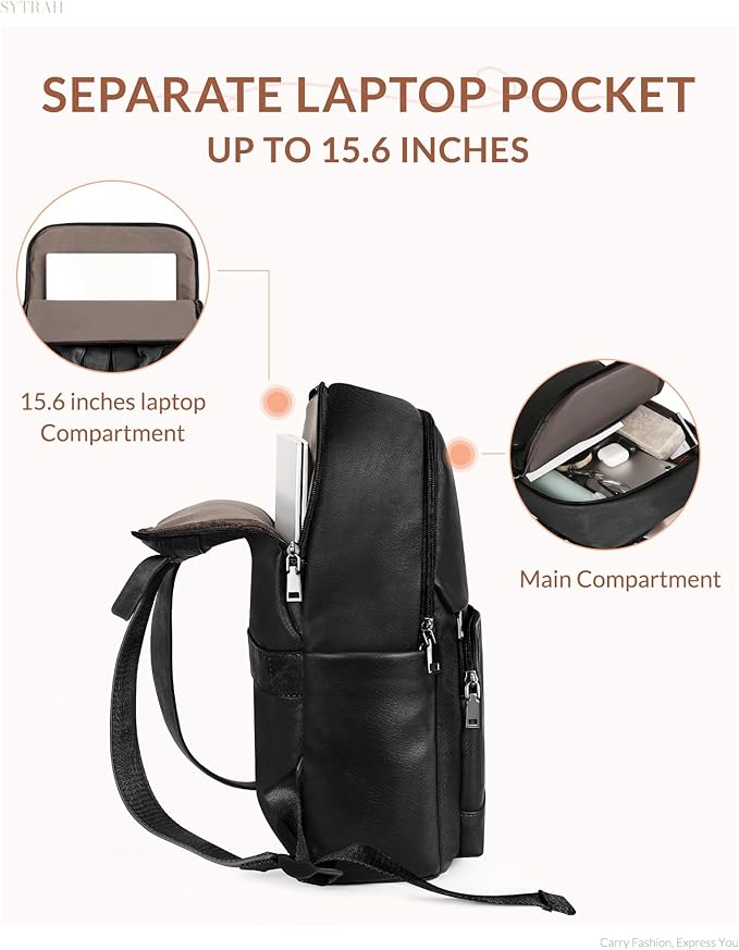 SYTRAH Leather Backpack for Women, Vintage 15.6 inch Laptop Backpack Purse for Women, College Casual Backpacks Ladies Computer Bags for Travel Business Work Pure Black