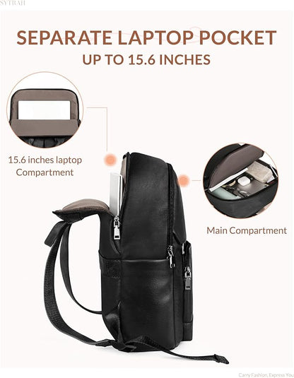 SYTRAH Leather Backpack for Women, Vintage 15.6 inch Laptop Backpack Purse for Women, College Casual Backpacks Ladies Computer Bags for Travel Business Work Pure Black
