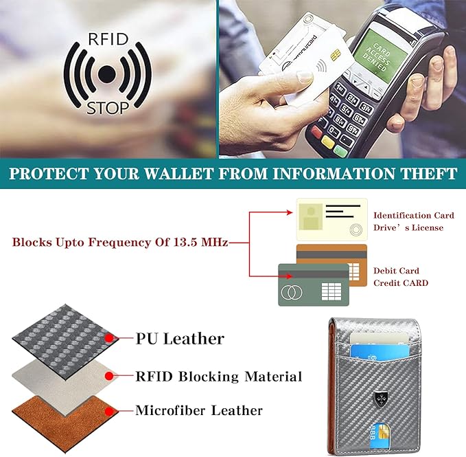 Mens Wallet Leather Credit Card Holder Slim Bifold RFID Blocking Front Pockets Minimalist Wallets for Men with ID Window