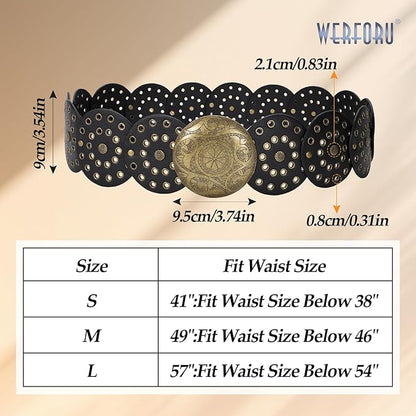 WERFORU Women Vintage Leather Belt Western Disc Waist Belts Ladies Western Belt Boho Belt for Dress Jean-
