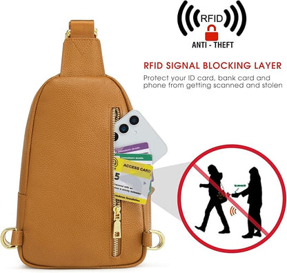 Kattee Sling Bag for Women, Leather Fanny Packs Crossbody Purse, Small Chest Bag with RFID Blocking, Brown