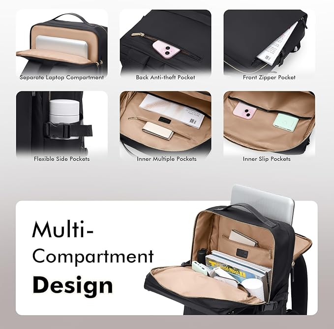 GOLF SUPAGS Stylish Laptop Backpack for Women Airline Approved Perfect for Work College and Travel Multi-Functional Casual Daypack Fits 17.3 Inch Notebook (Black)