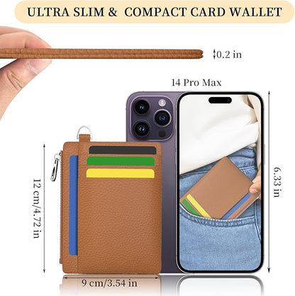 Hancynir Minimalist Small Wallet Women Credit Card Holder, RFID Blocking Slim Mini Card Wallets Cute Front Pocket PU Leather Card Case Thin Travel Zipper Coin Cash for Ladies Men Wallet Gifts Brown