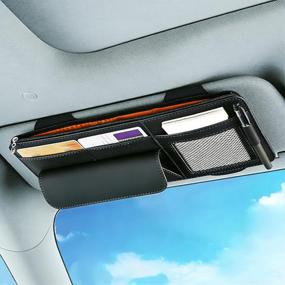 Car Visor Organizer - Sun Visor Storage with Sunglasses Holder,Visor Document Holder and Card Clip Leather Car Interior Accessory Fit for Truck SUV Vehicle