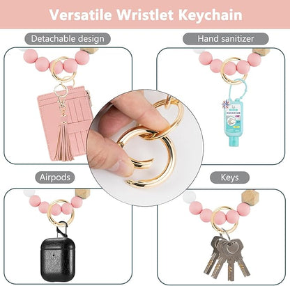 KNGITRYI Wallet Keychain Wristlet for Women,Slim RFID Credit Card Holder Purse Tassel Keychain Bangle Key Ring for Men Women