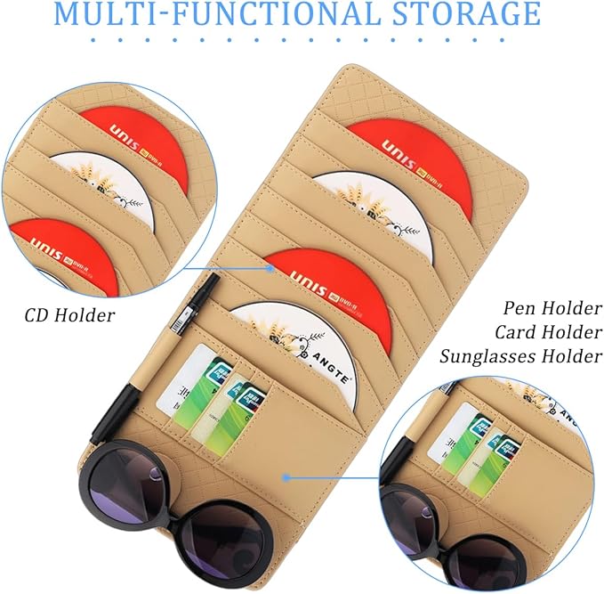 CD Case Holder for Car Sun Visor, Visor DVD Storage Organizer with Sunglasses Clip, Pen Holder & Card Slot, Multifunctional Automotive Disc Storage Pocket, Universal for SUV RV Truck (Beige)