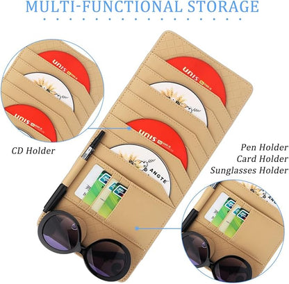 CD Case Holder for Car Sun Visor, Visor DVD Storage Organizer with Sunglasses Clip, Pen Holder & Card Slot, Multifunctional Automotive Disc Storage Pocket, Universal for SUV RV Truck (Beige)