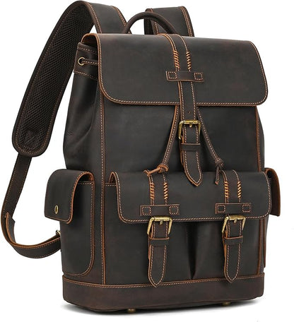 LUUFAN Genuine Leather Backpack for Men Casual Laptop Shoulder Bag Rucksack with Anti-Theft Pocket Travel Daypack, Dark Brown
