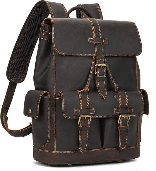 LUUFAN Genuine Leather Backpack for Men Casual Laptop Shoulder Bag Rucksack with Anti-Theft Pocket Travel Daypack, Dark Brown