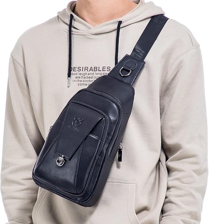 Hebetag Leather Sling Bag Crossbody Backpack for Men Women Outdoor Travel Work Shoulder Chest Pouch Camping Casual Daypack Black 18cm(W) x8cm(D) x30cm(H)(7.08"x3.14"x11.81") approx;