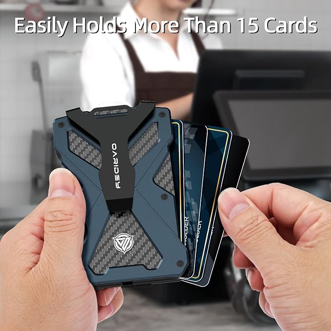Minimalist Wallet for Men- Slim Aluminum Metal Money Clip Wallet with Clear ID Card Holder, Carbon Fiber Wallet, RFID Blocking, Holds up 15 Cards with Cash Clip, Ultra-Thin Tactical Wallet-Navy Blue