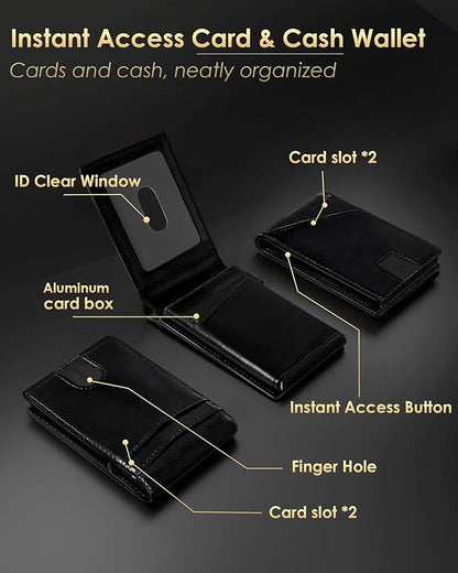 QLD Wallet for Men - RFID Blocking [Functional & Practical] Bifold Slim Minimalist Credit Card Holder Pop Up Metal Case with Cash Slot, Front Pocket with ID Window, Gift Boxed (BLACK)