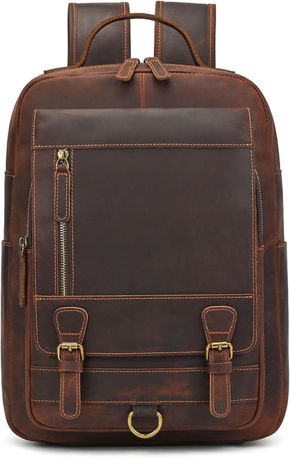 Vintage Full Grain Leather Backpack for Men, 16" Laptop Rucksack For Men Hiking Trave Work Business Bag, 1829 Brown