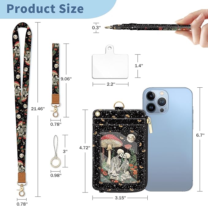 Lanyard Wallet with Id Badge Holder, Mushroom Skull RFID Small Keychain Wallet Women Wristlet, Funny Zipper Credit Card Holder Phone Wrist Neck Strap for Key Name Tag, Teacher Student Office