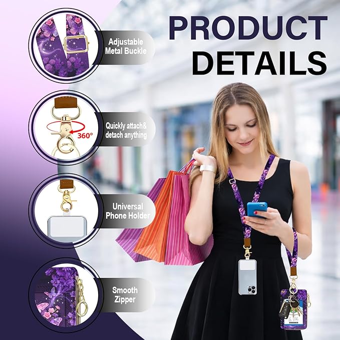 Lanyard Wallet with Id Badge Holder, RFID Small Keychain Wallet Lanyard for Women Wristlet, Pu Leather Zipper Credit Card Holder Phone Wrist Neck Strap for Key Name Tag - Purple Butterfly