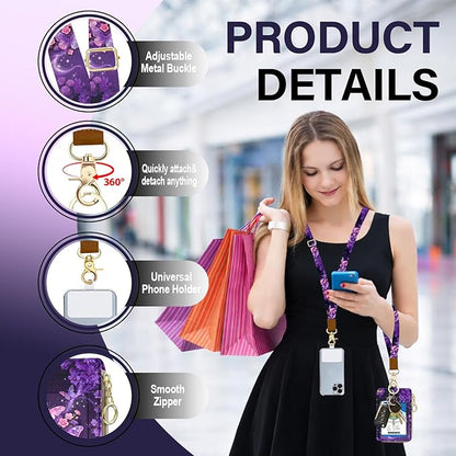 Lanyard Wallet with Id Badge Holder, RFID Small Keychain Wallet Lanyard for Women Wristlet, Pu Leather Zipper Credit Card Holder Phone Wrist Neck Strap for Key Name Tag - Purple Butterfly