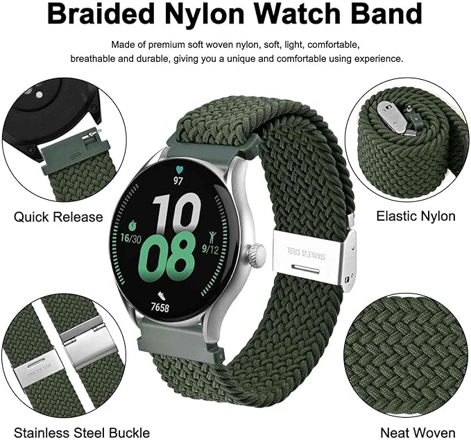 WOCCI 20mm Braided Nylon Watch Band for Men and Women, Quick Release, Silver Stainless Steel Buckle (Khaki Green)