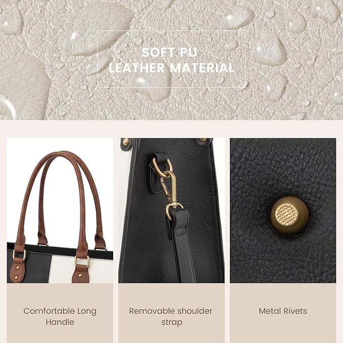 LOVEVOOK Laptop Tote Bag for Women, 15.6 Inch Large Capacity Vintage Leather Work Computer Bag, Business Casual Shoulder Handbag, Black & White & Brown