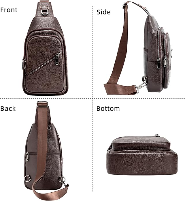 Leather Sling Bag Crossbody Bags for Men, Chest Pack for Daily Travel Leisure Sport（Black/Brown）