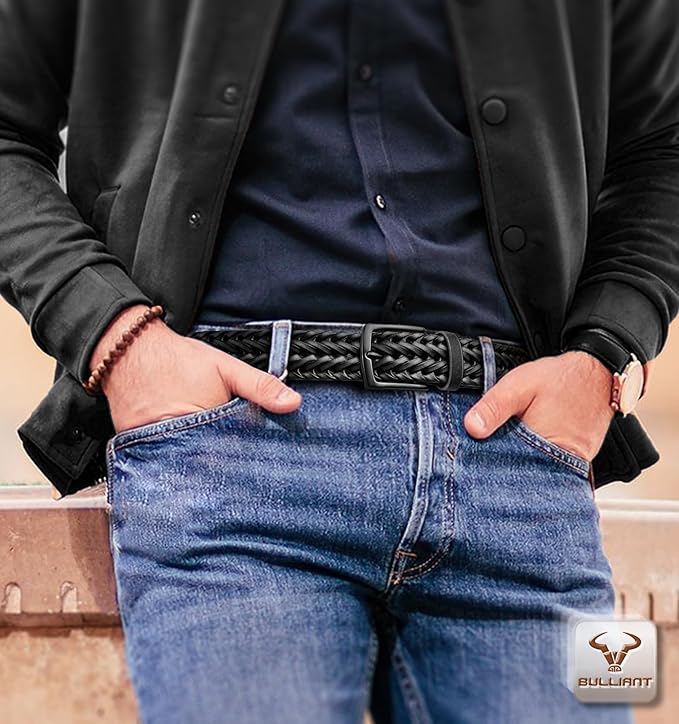 BULLIANT Men Belt 2Pack,Braided Woven Leather Belt For Men Golf Casual Jeans 1 3/8"