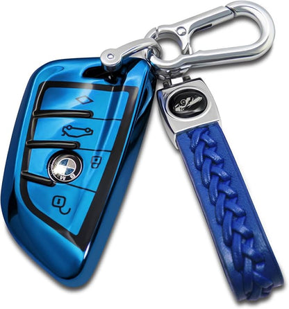 Creativity Suitable for BMW key fob Cover. Advanced soft TPU key box is compatible with F30 F45 F55 G20 G30 X1 X3 X4 X5 X6 X7 3 5 6 7 8 M5 M6 GT series smart key (Type B Blue Key Case + key chain set)