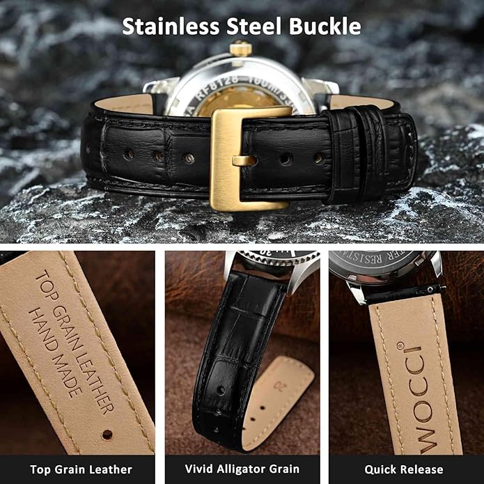 WOCCI Watch Bands, Top Grain Leather, Embossed Alligator Grain, Quick Release, Band Width 18mm 20mm 22mm