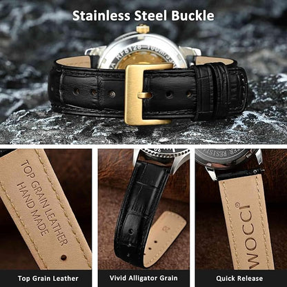 WOCCI Watch Bands, Top Grain Leather, Embossed Alligator Grain, Quick Release, Band Width 18mm 20mm 22mm