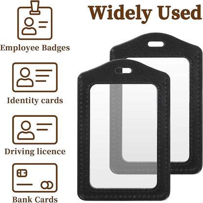 Yuanchu 4 Pcs Leather ID Badge Holders, Vertical Double-Sided Clear Card Holders Waterproof Name Badge Reel for Office Staff Employees ID Credit Cards(Black)