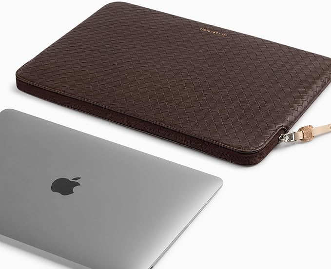 Comfyable Woven Laptop Sleeve 13 Inch 14 Inch Compatible with MacBook Air M5 & MacBook Pro M5 Pro/Max 2026, Faux Leather Mac Travel Case for Men Women, Mocha Brown