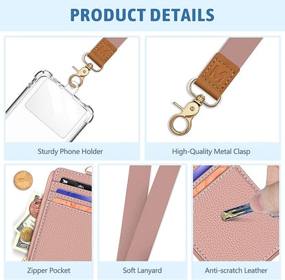 Lanyard Wallet with ID Badge Holder, Keychain RFID Wallet Women Small Wristlet, Slim Credit Card Holder Case with Phone Lanyard Wrist Strap Zipper Minimalist Pocket Name Tag Woman Office Teacher Gift