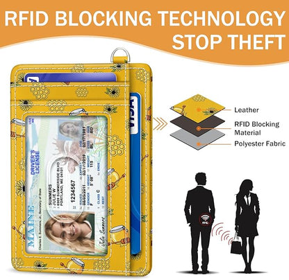 Yonlevres Credit Card Holder Slim Wallet, Bee RFID Wallet Women Front Pocket Small Card Holder, Travel Cute Funny Thin Card Case ID Window PU Leather RFID Blocking Card Organizer Gifts Girls Ladies