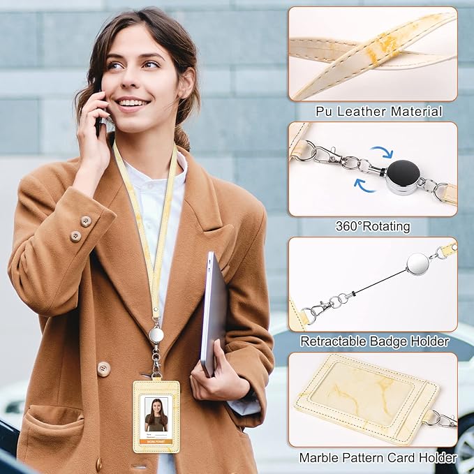 ID Badge Holder with Lanyard Marble Pattern Retractable Badge Holder PU Leather with Clear ID Window 1 Credit Card Case Name Badge Keychain Tags Protector for Women Nurse Teacher Office (Yellow)
