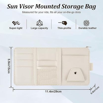 Amiss Car Sun Visor Organizer with Double Zippers, Multi-Pockets for Glasses, Pens, Cards & Documents, Universal Storage Pouch Fits Most Cars, SUVs and Trucks, Car Interior Accessories (Beige)