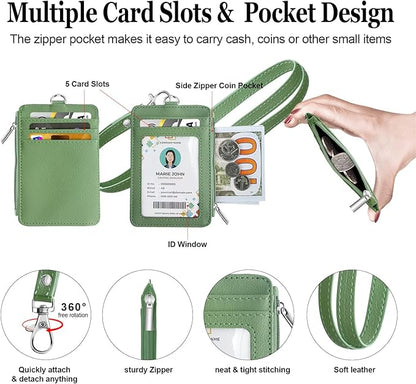 bolimoss 2-in-1 ID Badge Holder & Lanyard Wallet, Leather ID Name Badge with Side Zip Pocket for Teacher, Student, Women Small Wallet with Removable Neck Lanyard, Clear Window, 5 Card Slots,Lime Green