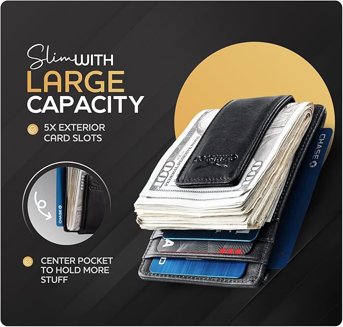 Claasico Men’s Leather Money Clip Wallet – Slim Front Pocket Wallet w/Super Strong Magnetic Clip, RFID Blocking, 5 Card Slots & Center Pocket + ID Window