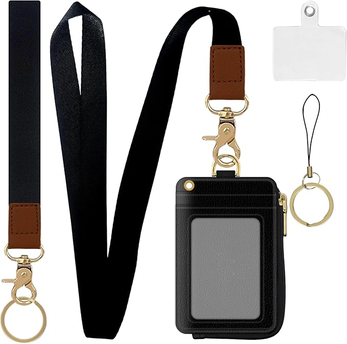 2-in-1 ID Badge Holder & Lanyard Wallet,Multi Use Womens Small Wallet with Zipper Pocket for Women Men with Wristlet and Neck Lanyard 5 Card Slots Work Essential (Black)