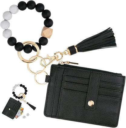 KNGITRYI Wallet Keychain Wristlet for Women,Slim RFID Credit Card Holder Purse Tassel Keychain Bangle Key Ring for Men Women