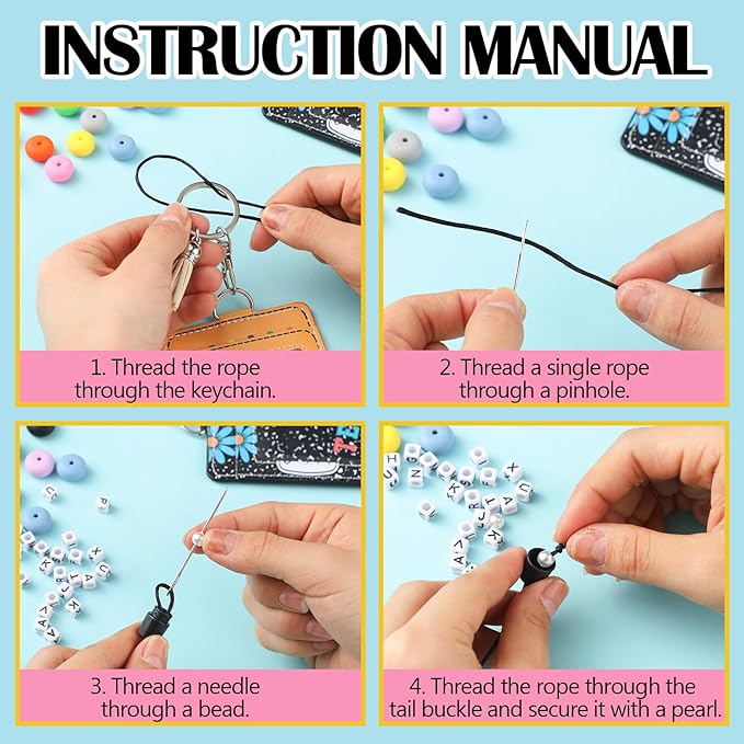 Gueevin 4 Sets/279 Pcs DIY Name Teacher ID Badge Holder with Lanyard Keychain Making Kit DIY Teachers Appreciation Gifts Cute Silicone Bead Lanyards Making for Teacher Office Graduation Supply Gifts