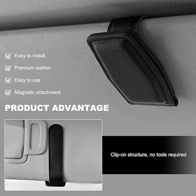 2PCS Sunglasses Holders for Car Sun Visor, Magnetic Leather Auto Visor Glasses Organizer Ticket Card Clip, Universal Eyeglasses Hanger Mounter for Most Cars, Trucks, SUVs (Gray)