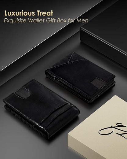 QLD Wallet for Men - RFID Blocking [Functional & Practical] Bifold Slim Minimalist Credit Card Holder Pop Up Metal Case with Cash Slot, Front Pocket with ID Window, Gift Boxed (BLACK)