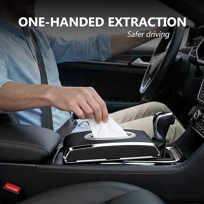 Faux Leather Car Tissue Holder for Interior, Multi-Function Tissue Box, Armrest & Back Seat Tissue Organizer, Sleek Kleenex Holder (Black Flat)