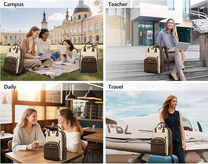 Laptop Backpack for Women Work Bag - 15.6 inch Travel Backpack Purse with USB Charger College Bookbag Waterproof Cute Casual Daypack Fashion Business Computer Backpacks for Teacher Nurse Brown Khaki