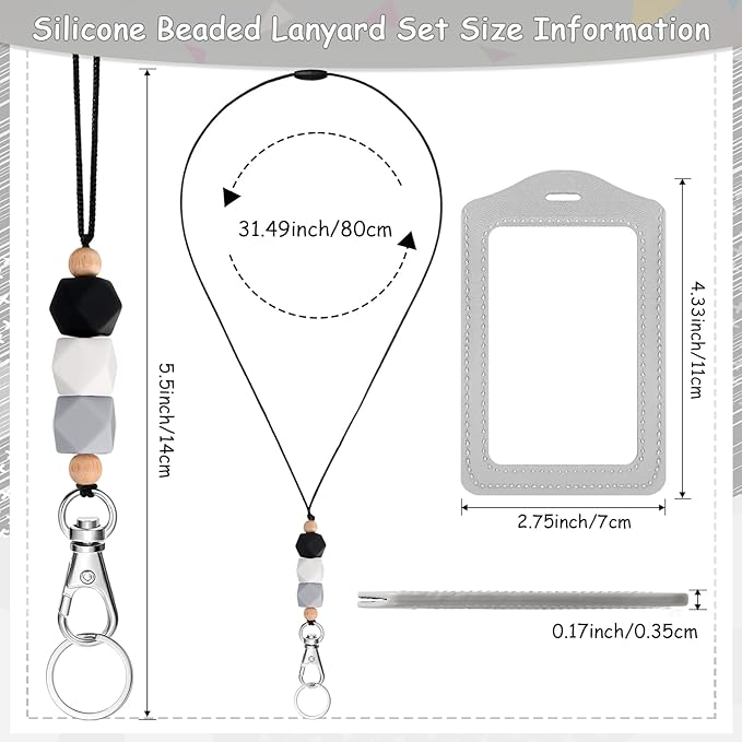 Lanyards with 2 ID Badge Holders Silicone Beaded Lanyard Breakaway Leather ID Holder for Teacher Women Employee(Classic Style)