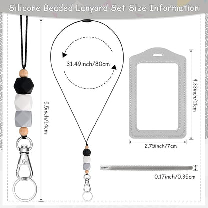 Lanyards with 2 ID Badge Holders Silicone Beaded Lanyard Breakaway Leather ID Holder for Teacher Women Employee(Classic Style)
