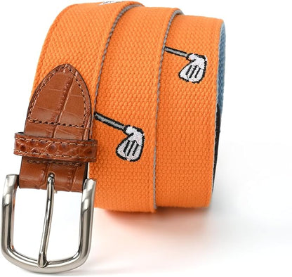 Mile High Life Golf Belts for Men, Canvas Belt with Genuine Leather Tips, Embroidered 2 Layer Web Belt with Pin Buckle