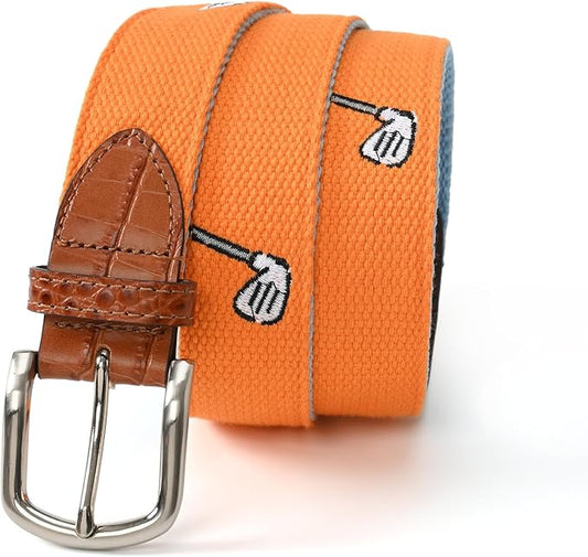 Mile High Life Golf Belts for Men, Canvas Belt with Genuine Leather Tips, Embroidered 2 Layer Web Belt with Pin Buckle